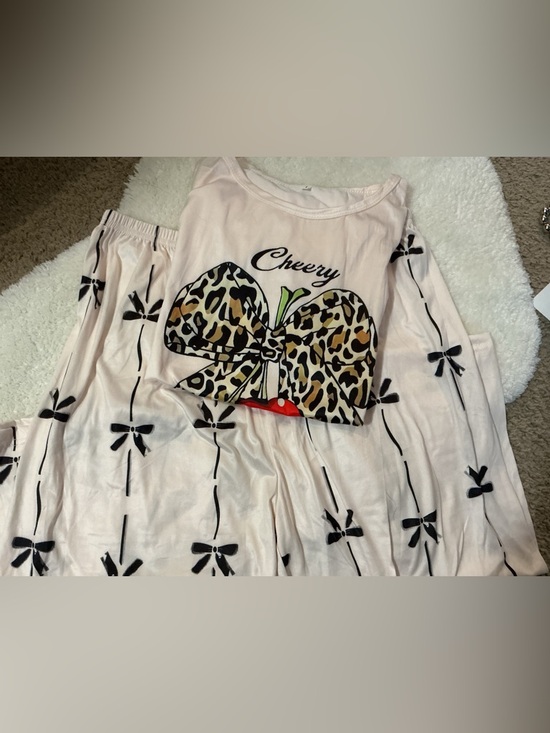 Other - Girls' Light Pink Cherry Bow Leopard Print Pajama Set